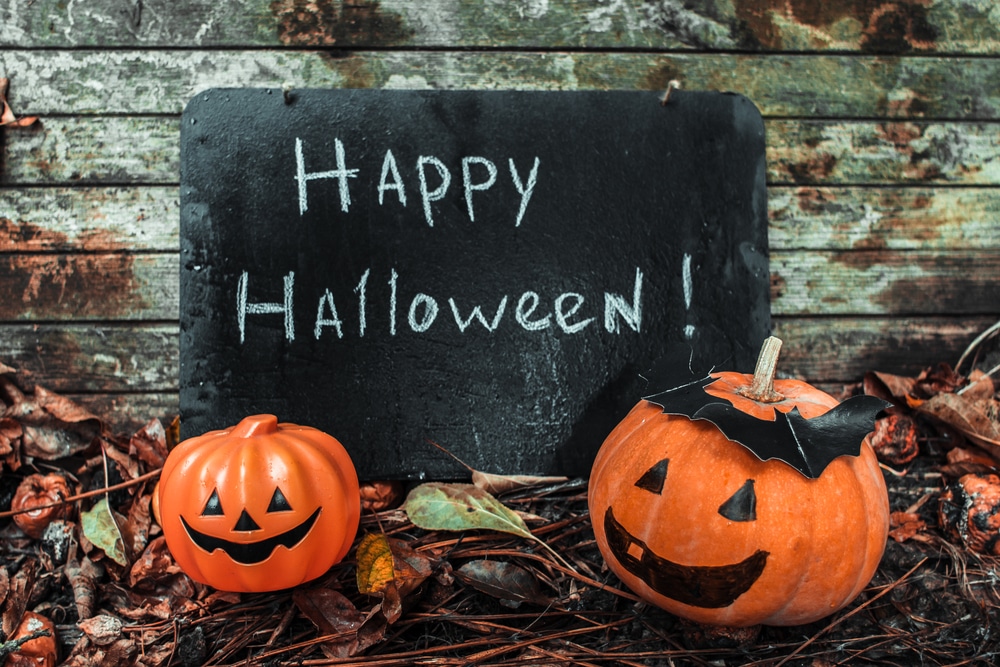 Image of Happy Halloween on chalkboard with pumpkins for Halloween centers.