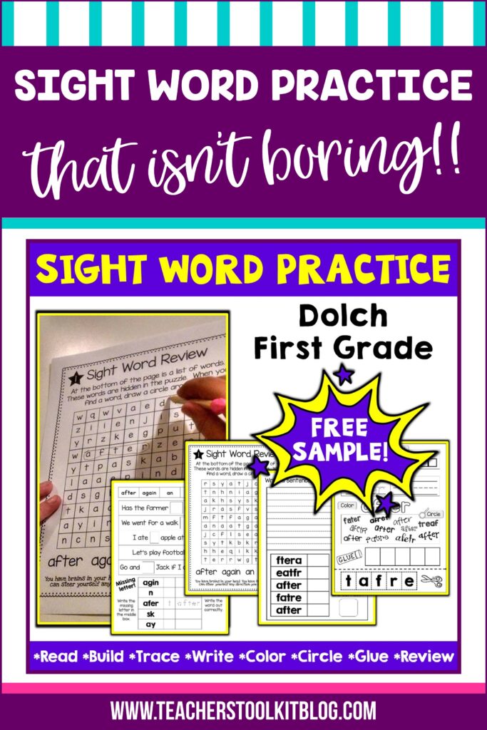 Image of Dolch first grade sight words on worksheets with text "Sight Word Practice Free Sample"