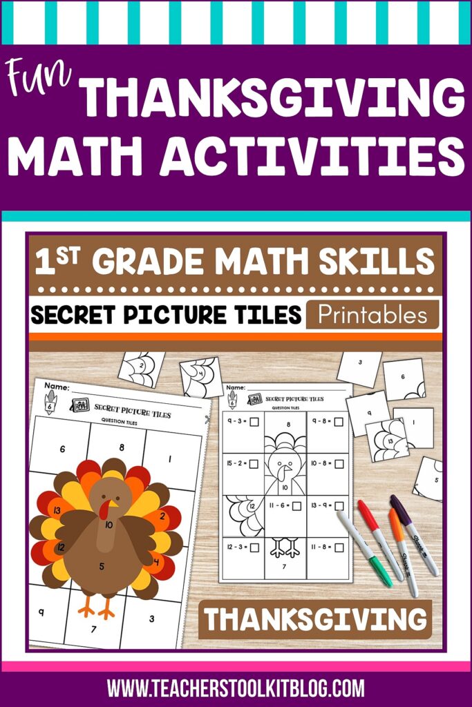 Image of Thanksgiving turkey with text "first grade math skills secret picture tiles printables"
