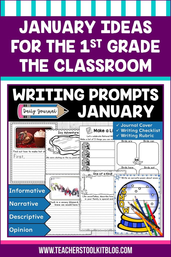 Image of winter themes with text "January Ideas for the First Grade Classroom"