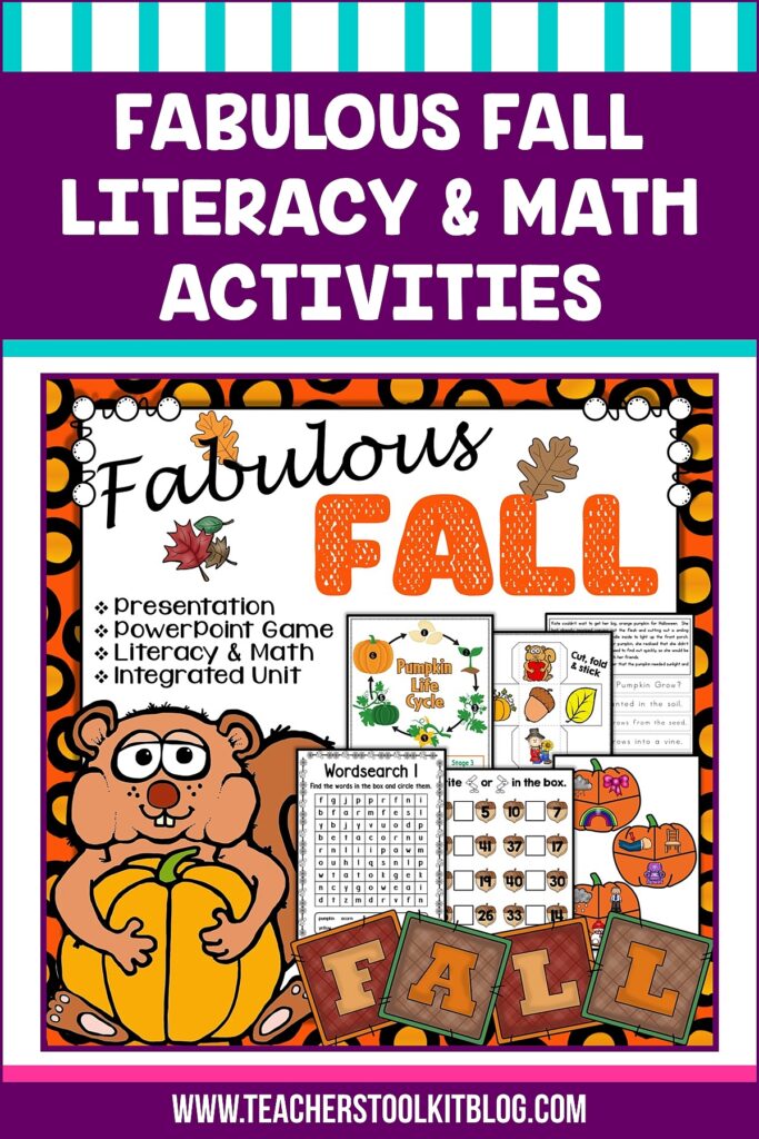 Image of fall sign and symbols with text "Fabulous Fall Literacy and Math Activities"