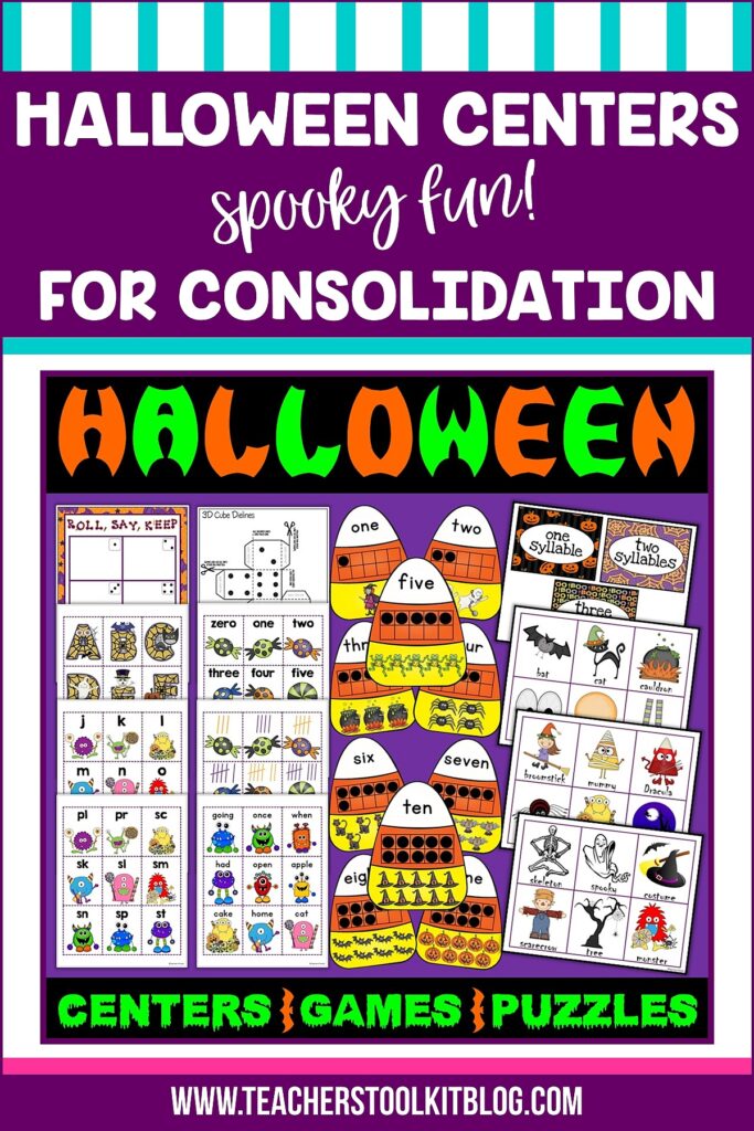 Images of first grade fun Halloween centers with text "Halloween Centers for Consolidation"