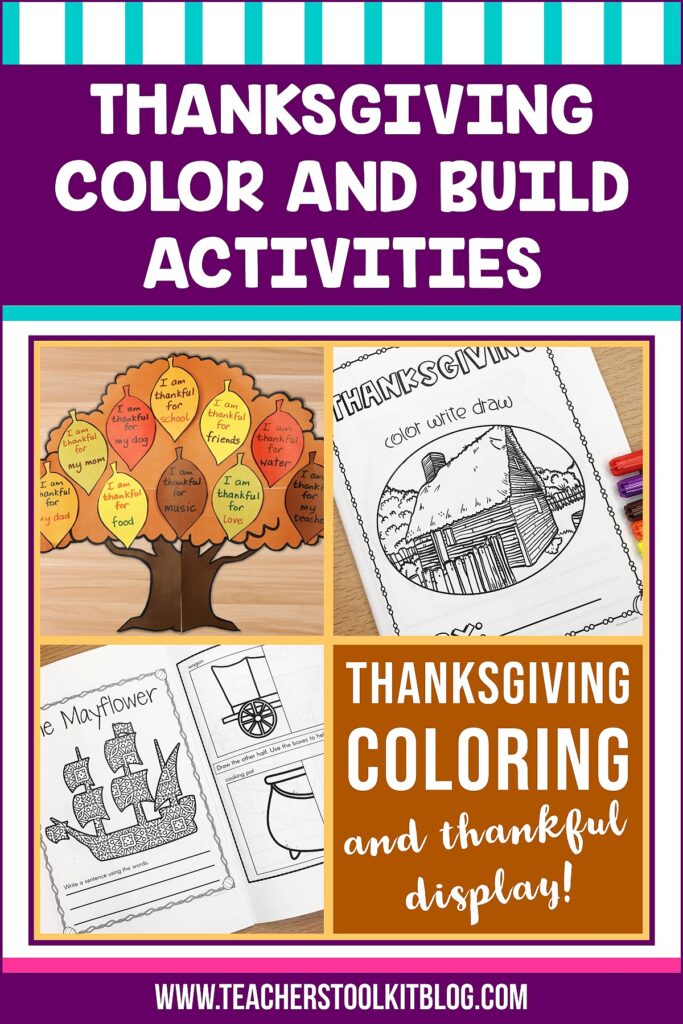Image of a Giving Thanks tree with leaves and a coloring book with text "Thanksgiving Color and Build Activities"