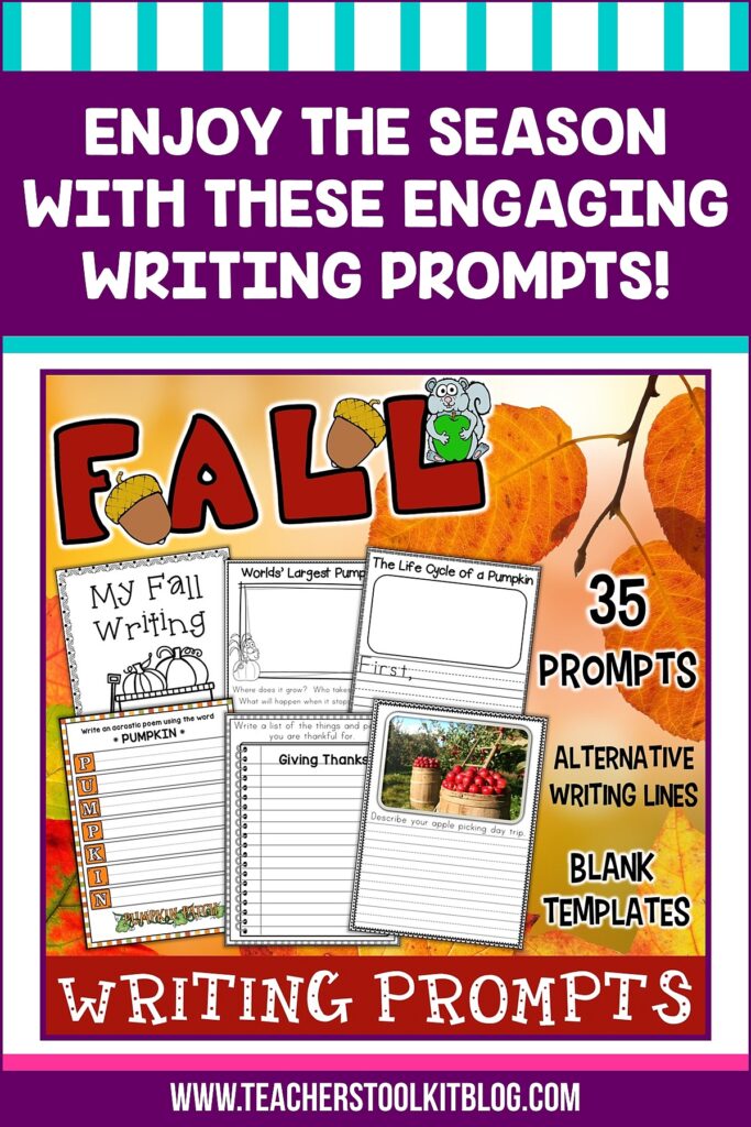 Image of the signs of fall with text "Enjoy the season with these engaging writing prompts"
