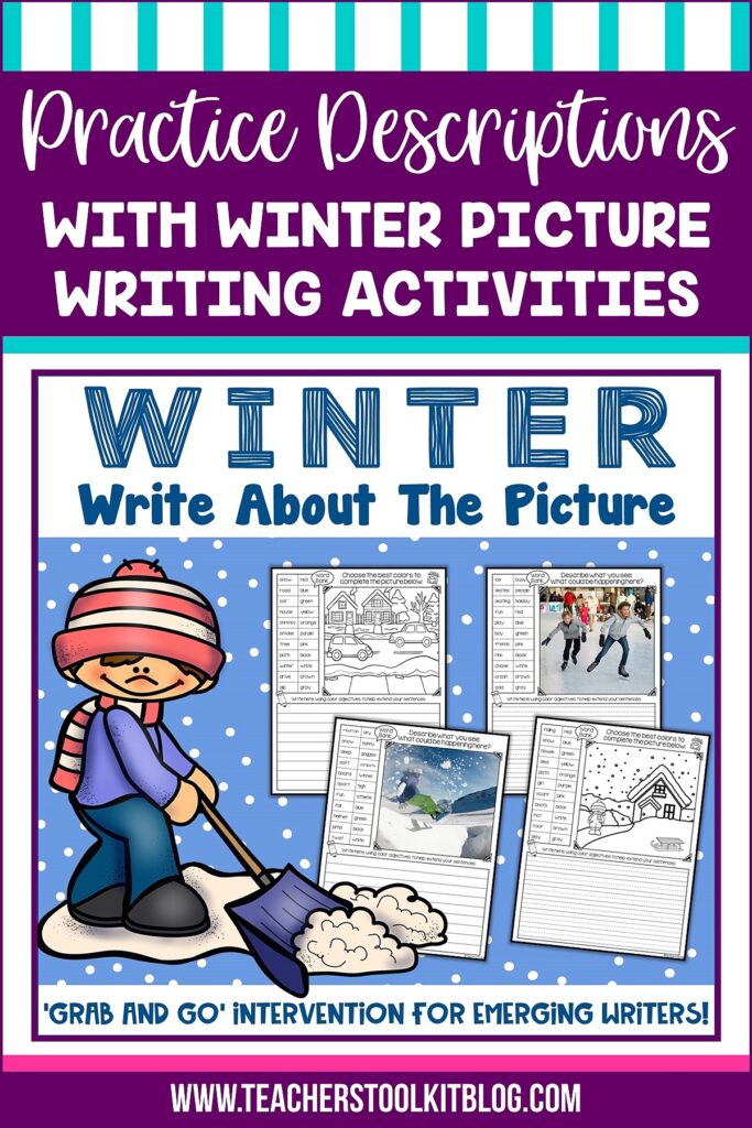 Image of winter signs and symbols with text "Practice descriptions with winter picture writing activities"