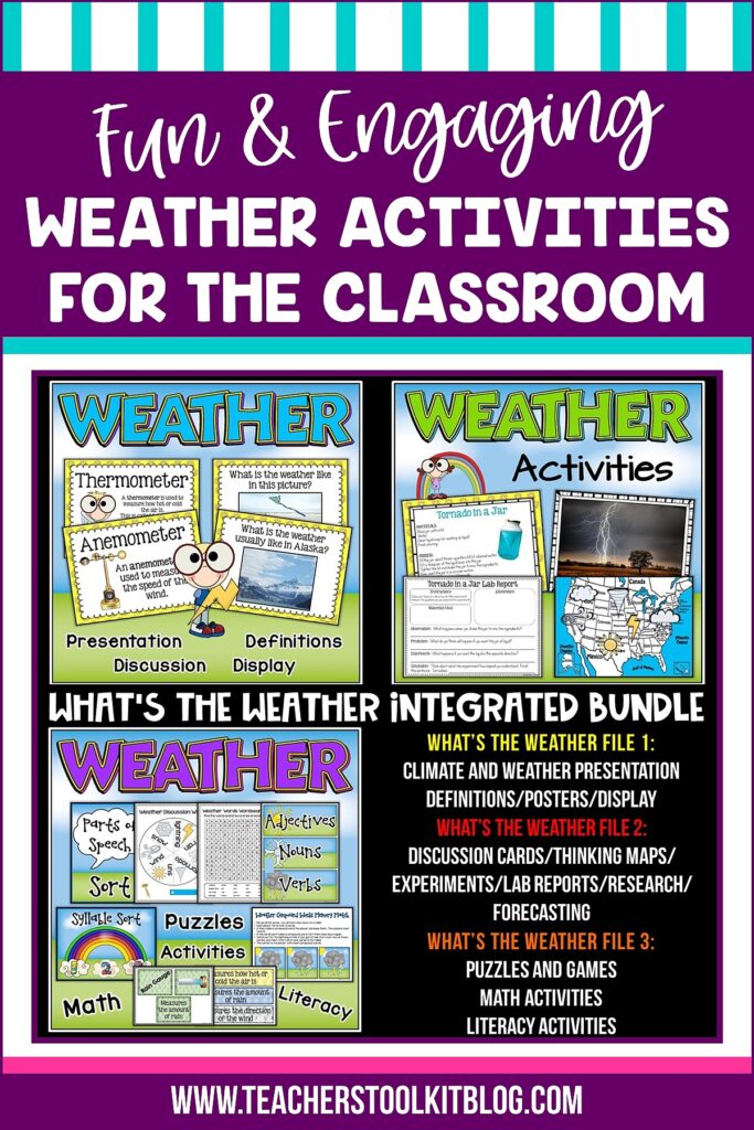 Images of different weather activities for first grade with text "Fun and Engaging Weather Activities for the Classroom"