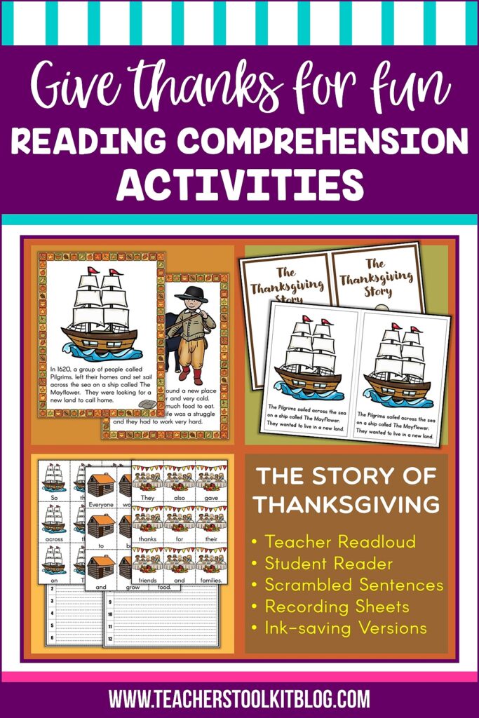 Image of original Pilgrim settlers in lapbook story of Thanksgiving with text "The Story of Thanksgiving"