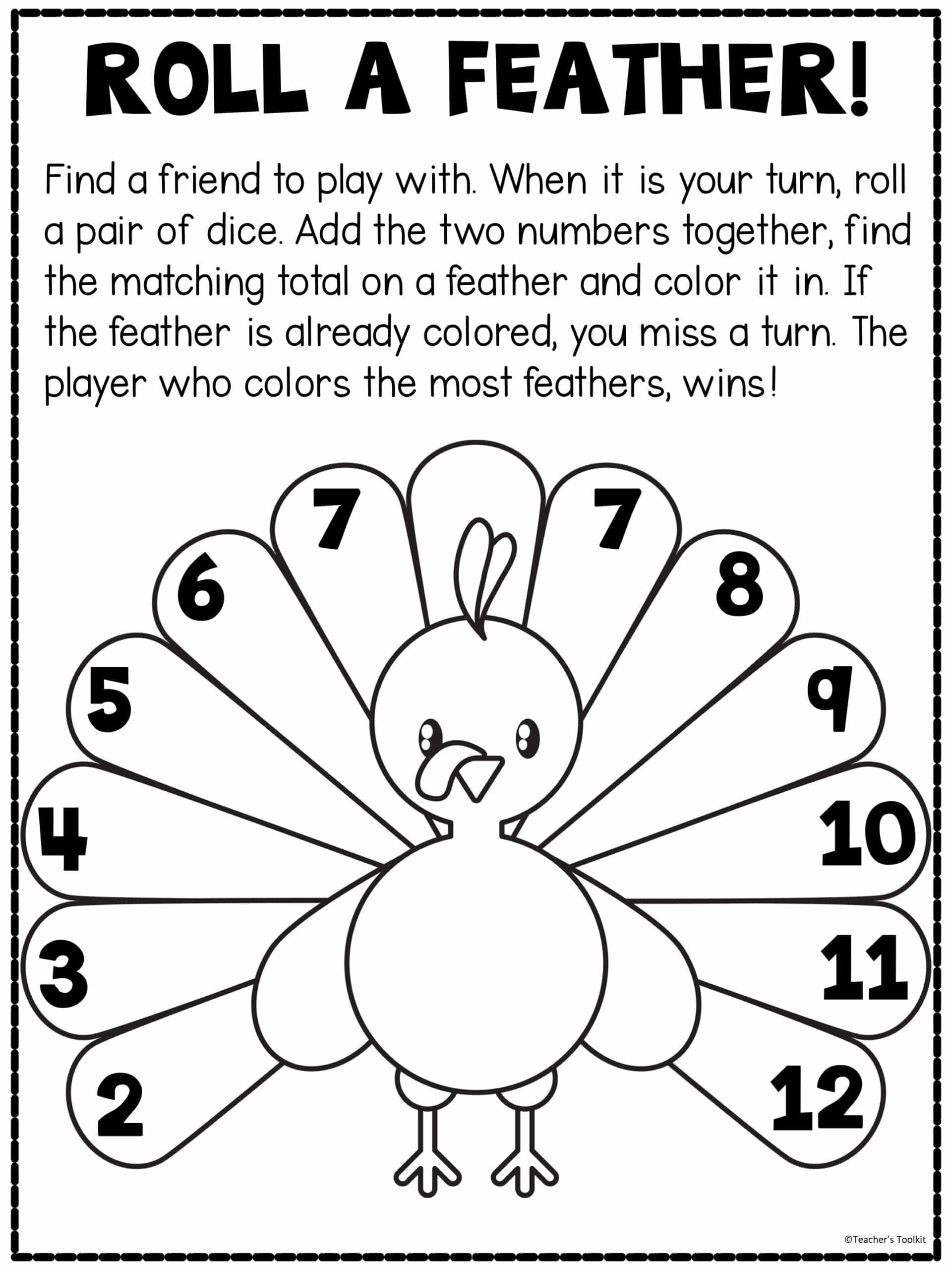 Image of a turkey with text "Roll a Feather Game"