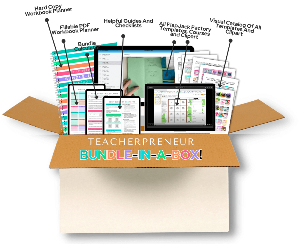 Image of a cardboard box full of templates and tools to help TpT sellers.