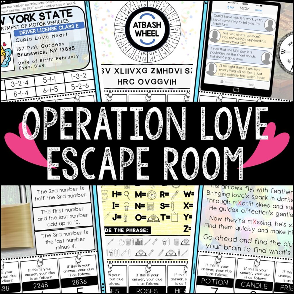 Image of a Valentine's Day student problem-solving activities with text "Operation Love Escape Room"